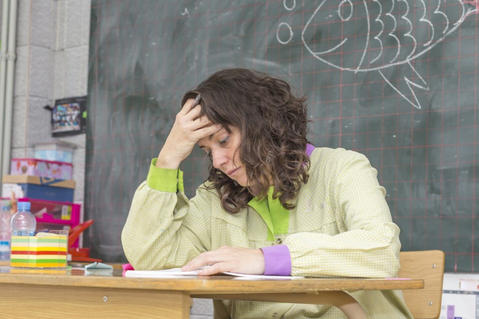 Tired,And,Stressed,Teacher,In,Classroom