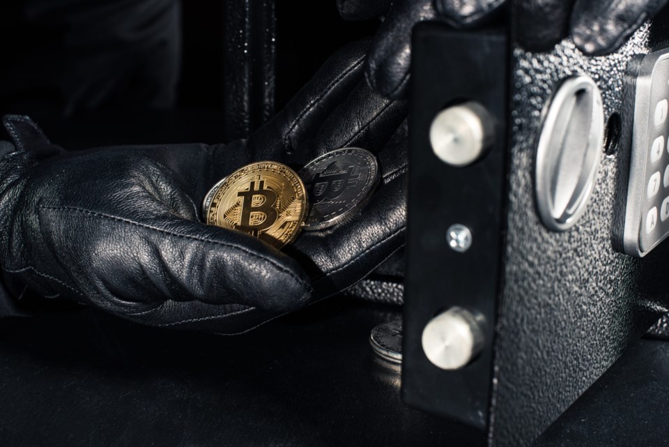 Thief,Hand,Stealing,Golden,Bitcoin,From,Safe