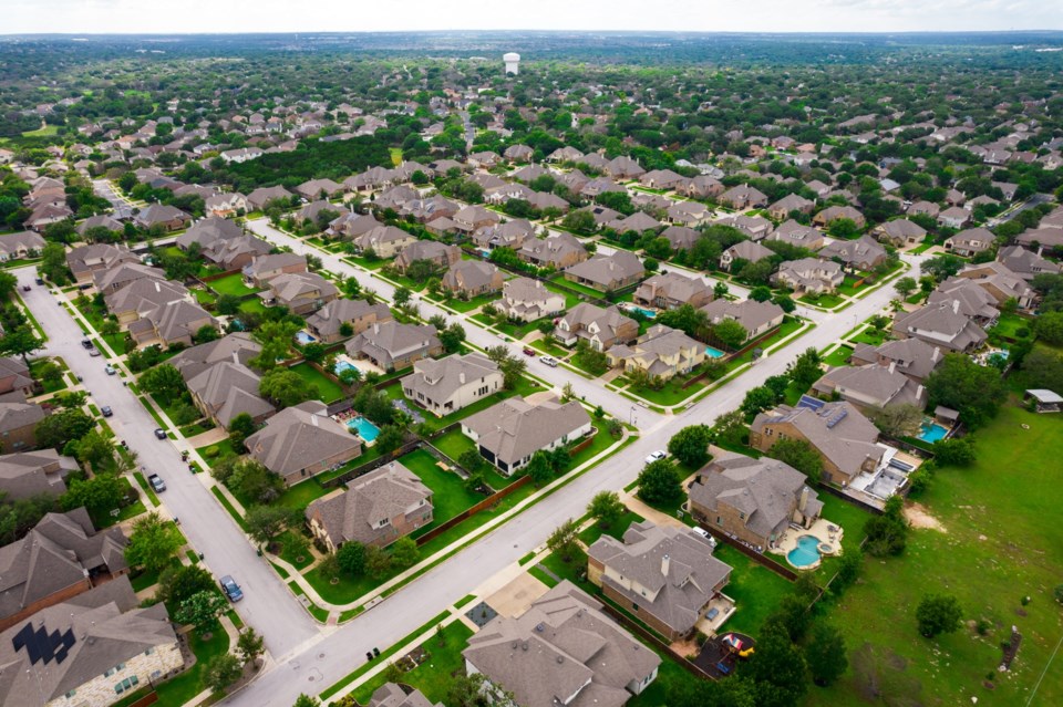 Aerial,Drone,Views,Above,Suburbia,Neighborhood,Outside,Of,Round,Rock