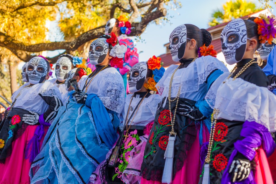 Group,Of,Unrecognizable,Women,Wearing,Traditional,Sugar,Skull,Masks,And