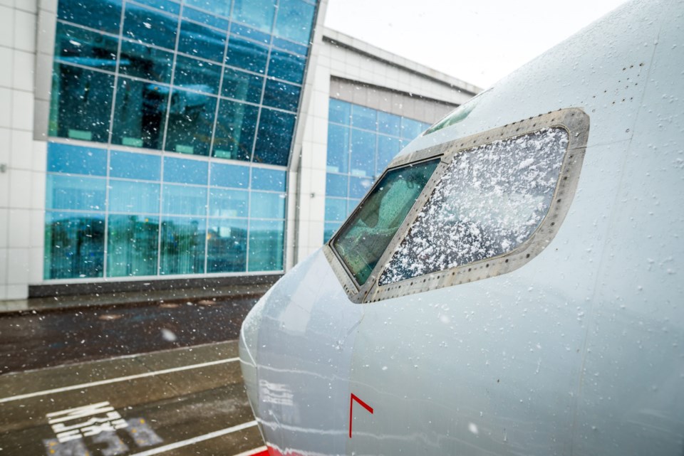 Airliner,Near,Airport,Terminal.,Aircraft,At,Heavy,Snow.,Plane,In