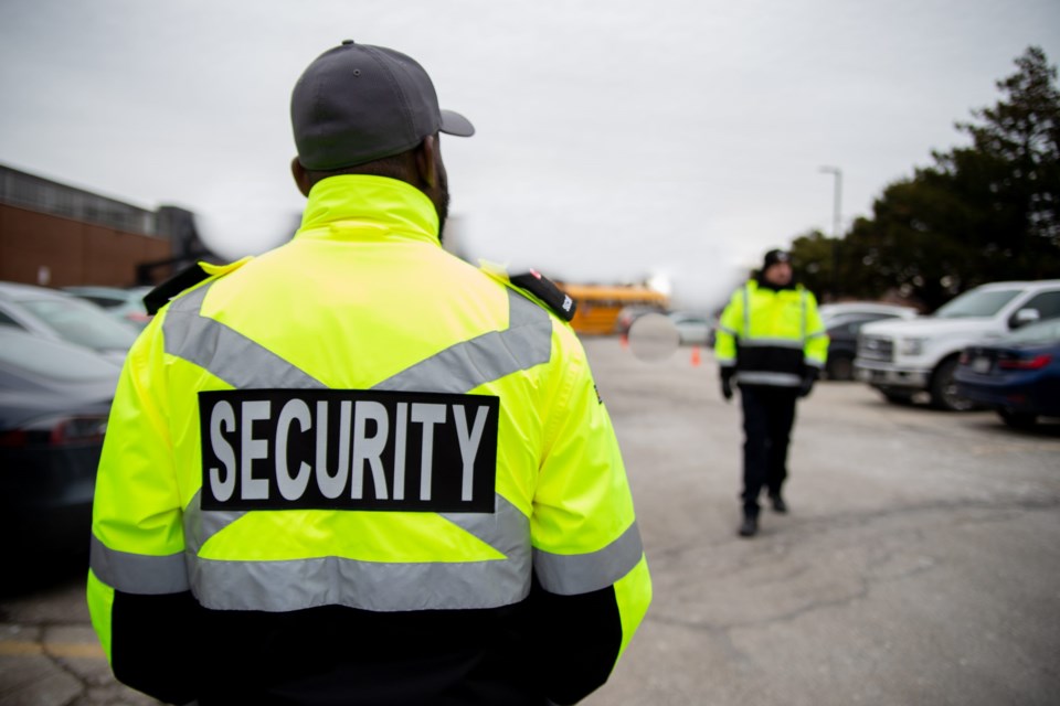 Security,Guard,Patrolling,Around,Parking,Lot,Area,Under,Cloudy,Sky