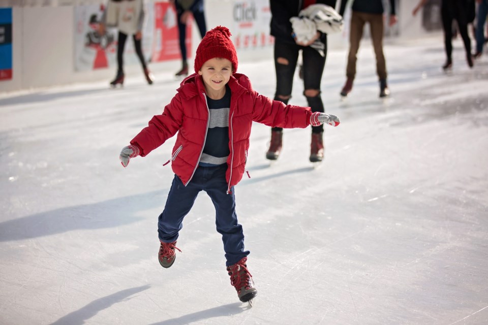 Happy,Boy,With,Red,Hat,And,Jacket,,Skating,During,The