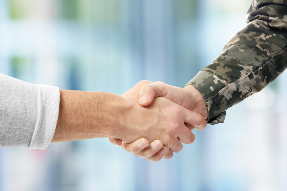 Soldier,And,Civilian,Shaking,Hands,On,Blurred,Background