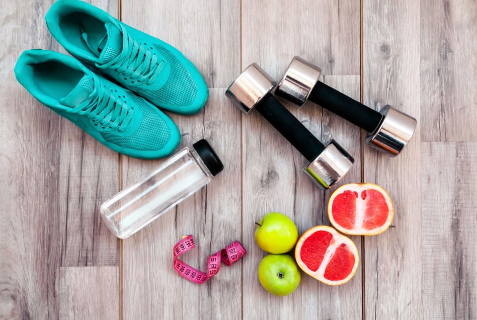Fitness,Equipment.,Healthy,Food.,Sneakers,,Water,apple,On,Wooden,Background