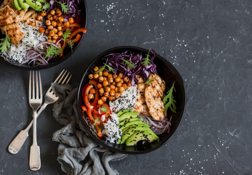 Grilled,Chicken,,Rice,,Spicy,Chickpeas,,Avocado,,Cabbage,,Pepper,Buddha,Bowl