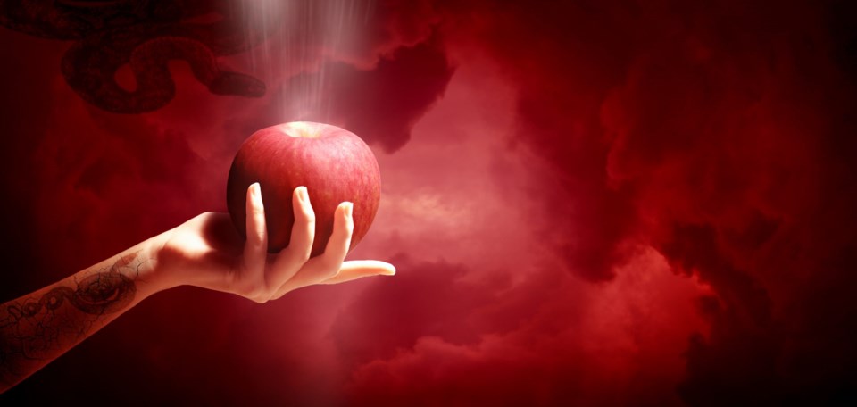 Woman,Hand,With,Red,Apple,Isolated,On,Red,Sky,Background,