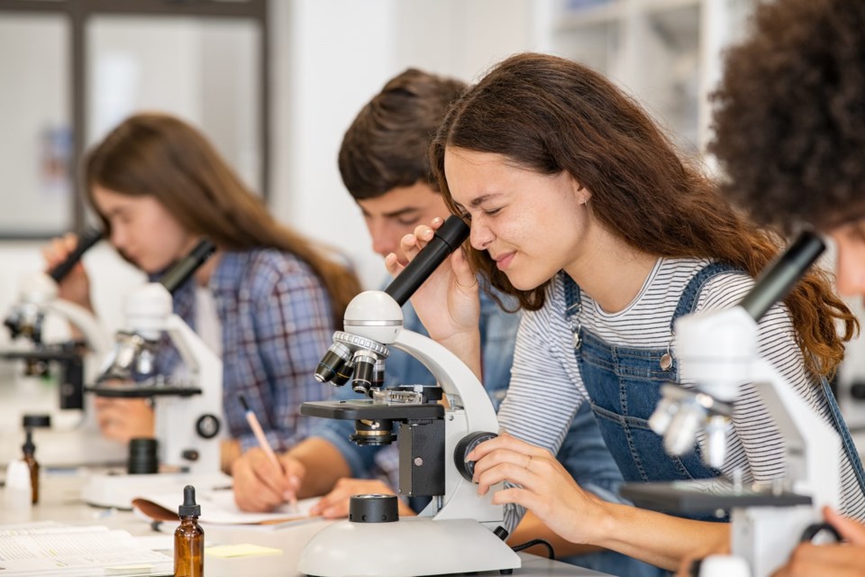 Group,Of,College,Students,Performing,Experiment,Using,Microscope,In,Science
