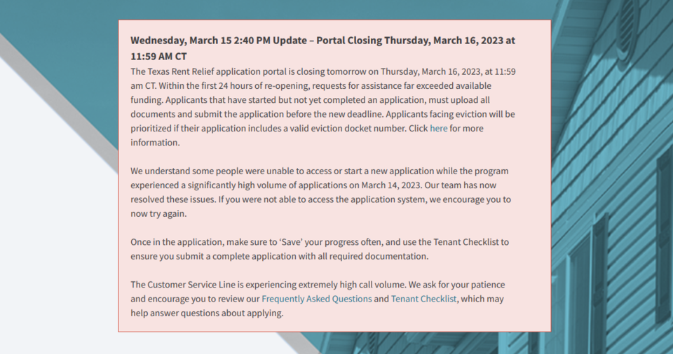 Texas Rent Relief portal closed after 48 hrs.