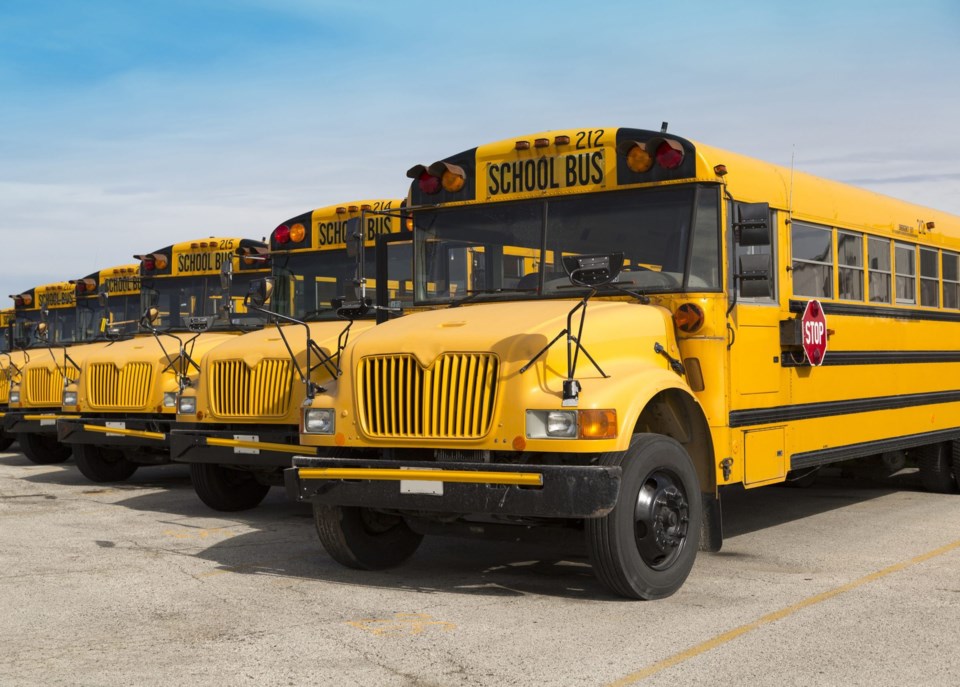 School,Buses,In,A,Parking,Lot