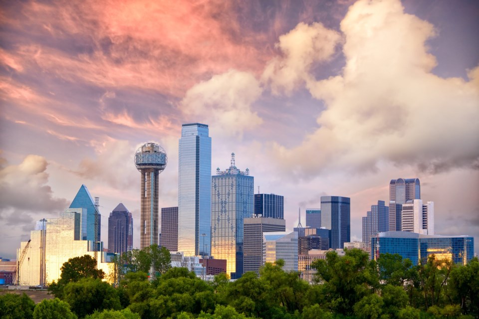 Dallas,City,Skyline,At,Sunset,,Texas,,Usa