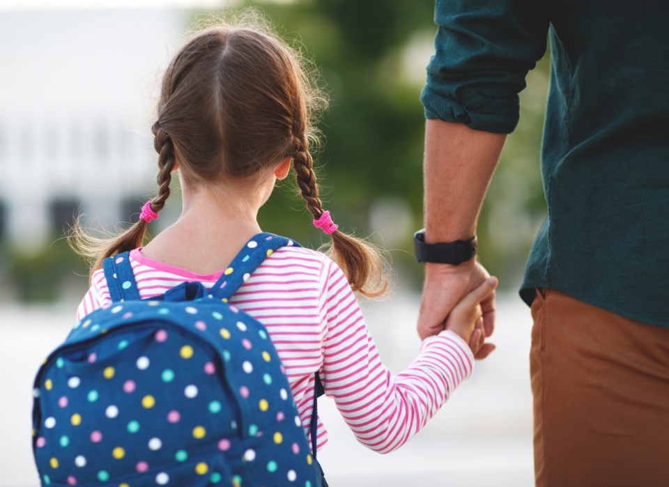 First,Day,At,School.,Father,Leads,A,Little,Child,School