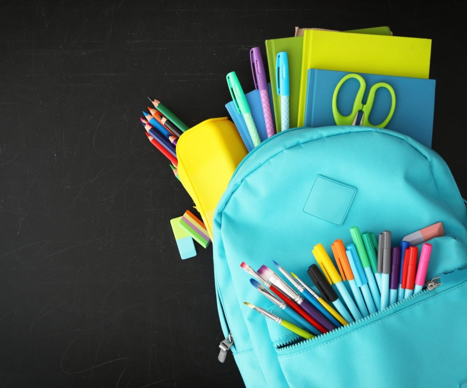 Light,Blue,Backpack,With,Different,Stationery,On,Blackboard,,Top,View