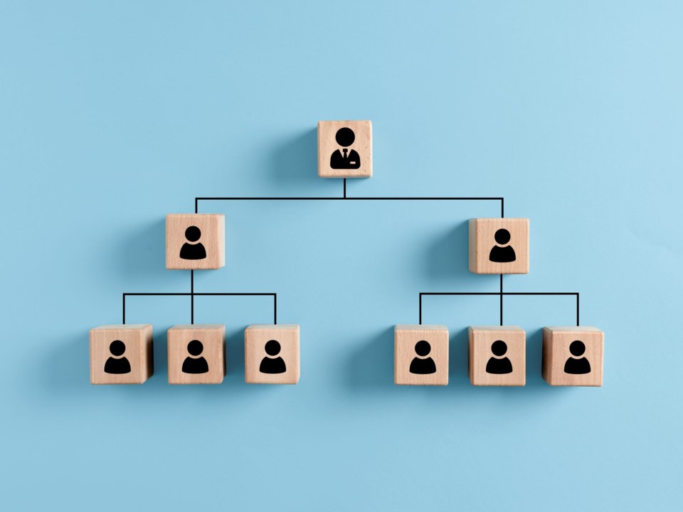 Company,Hierarchical,Organizational,Chart,Of,Wooden,Cubes,On,Blue,Background.