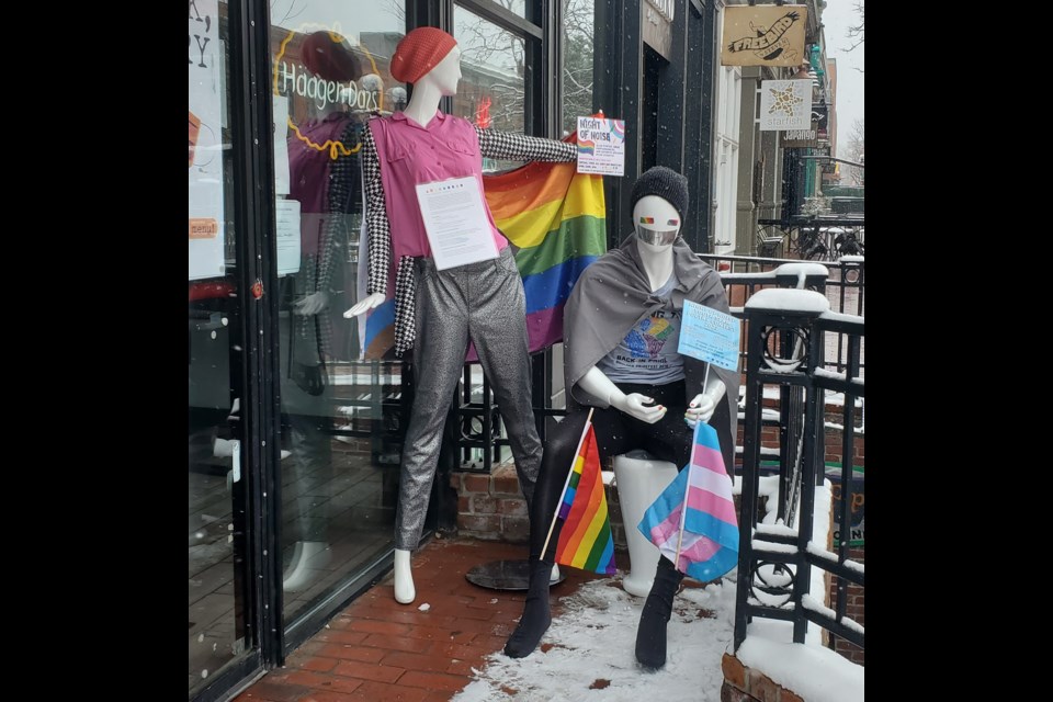 Mannequins outside Lindsey's Deli in Boulder, part of the Day of Silence/Night of Noise art installation.