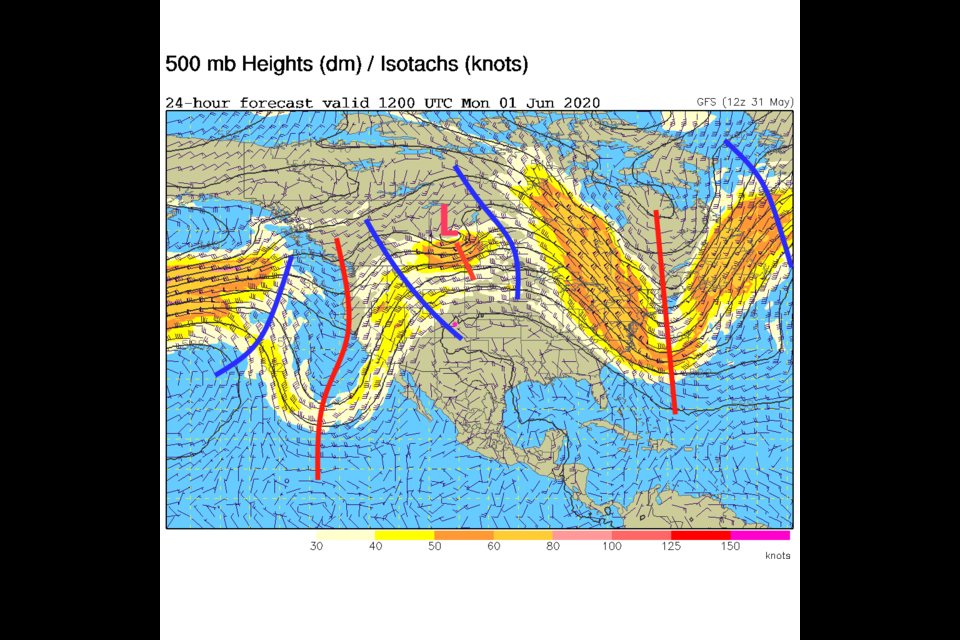 Figure 1: The 500mb forecast map for Monday AM from the GFS and NWS.