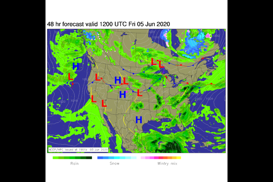 Figure 1: surface analysis map for Friday AM from NCEP.