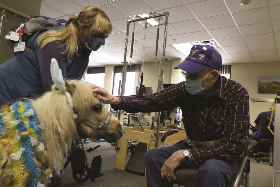 Willis Smith appreciates a visit from Goldie the miniature horse during his physical therapy session at Montrose Memorial Hospital last week. Goldie is one of six miniature horses owned by Manette Steele of Ouray, who takes the therapy animals to local health care facilities and schools to bring joy to others.

Ouray County Plaindealer