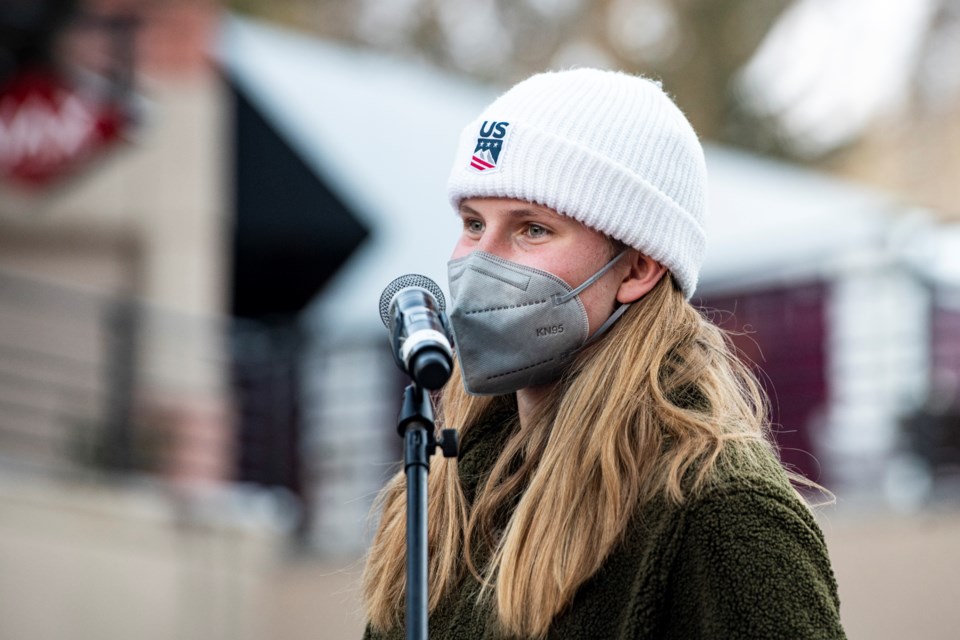 Hanna Faulhaber says a few words at the Olympic sendoff in downtown Aspen as she heads to Beijing on Wednesday, Jan. 26, 2022. (Kelsey Brunner/The Aspen Times)

The Aspen Times