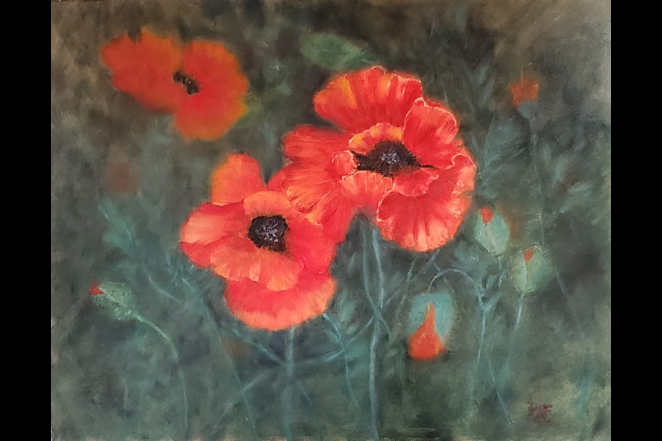 Poppin Poppies.  An 14"x11" oil on board painting of oriental poppies