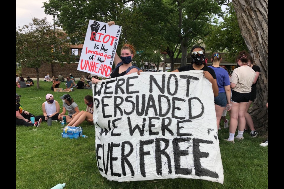 Protesters gather at a June 5 protest in Longmont organized by the Longmont Collective. (Photo by Macie May)