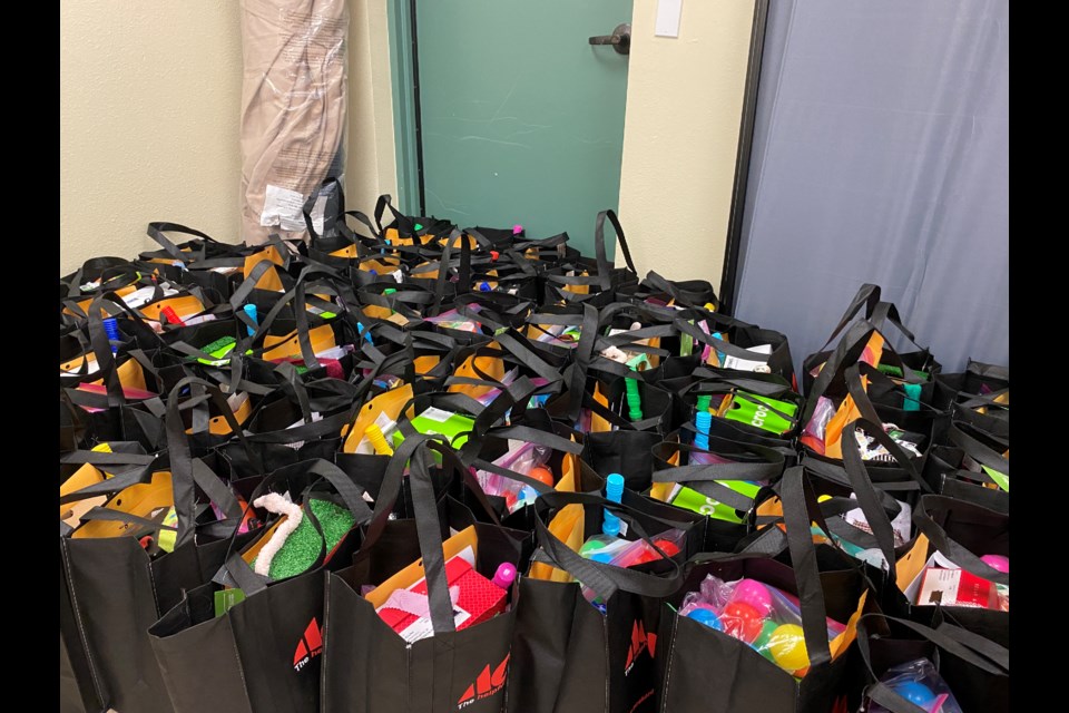 The assembled toolkits, ready to be given out to kids on Monday of Tuesday of next week. 