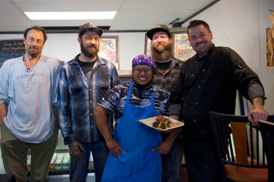 Left to right: Joe Racheli, landlord of the Main Street Eatery building, Jeremy Arnold, restaurant staff,  Justin Resech, owner and chef, Brandon James, restaurant staff, and Eli Wiggs, owner and chef. Photo by Ali Mai