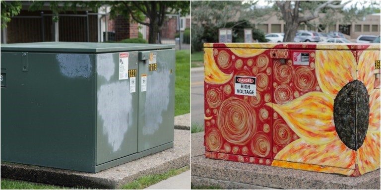 A switchgear box before and after it was decorated as part of the Shock Art program. (Longmont Observer/Lizzy Rogers)
