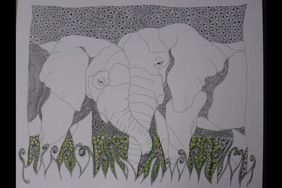 "Elephant Love" Original 14 x 17. Ink pen and prismacolor pencils. 2016
