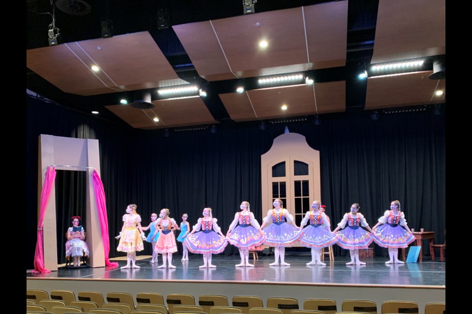 Act II of CSB's Gala Performance, Coppélia, Swanilda and Friends meet. Performers from left to right: Ella C., Helen A., Cadence P., Kaitlyn F., Leah R., Deb H., Marlena C., Lillian V., Megan M., Hannah N. and Reese R. | Photo by Clint Armstrong.