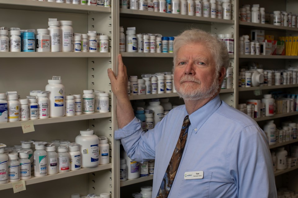 Tom Davis, a pharmacist and co-owner of Kiowa Drug in Eads, Colorado, bought Teddy Bâs pharmacy in Cheyenne Wells after his friend and its owner, Ted Billinger Jr., died. Davis now runs Teddy Bâs as a convenience store that also offers prescriptions delivered by Kiowa Drug, about 44 miles away. (Rachel Woolf for KHN) 
