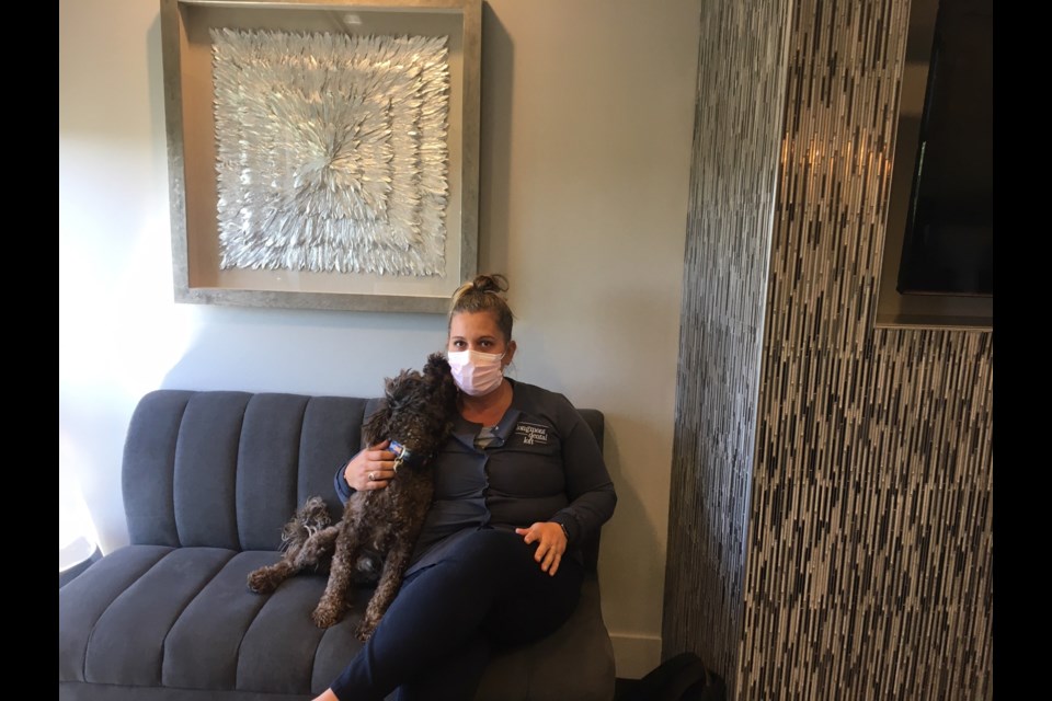 Dr. 	Adrienne Hedrick gets some affection from Bentley at Longmont Dental Loft on July 1, 2020.
(Photo by Julie Baxter)