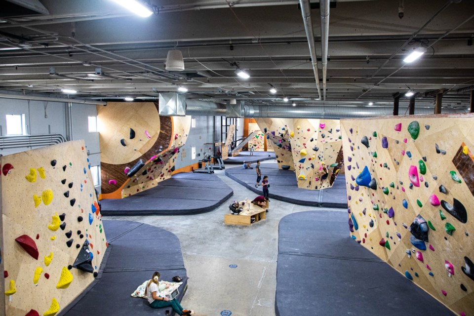 The interior of Longmont Climbing Collective, as seen from the upper mezzanine.