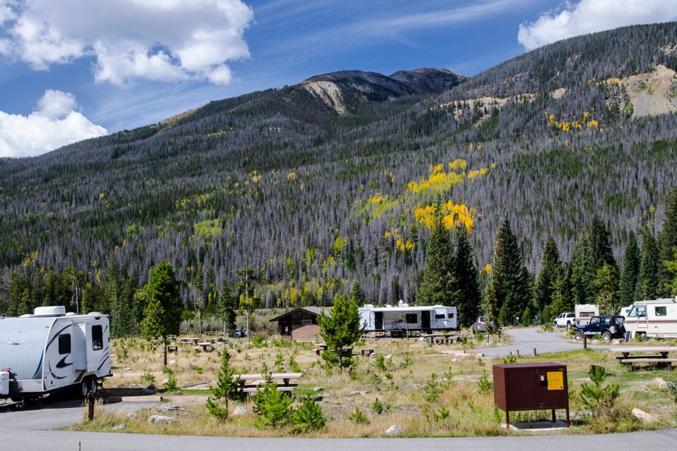 Trailers under a blue sky at Timber Creek campground