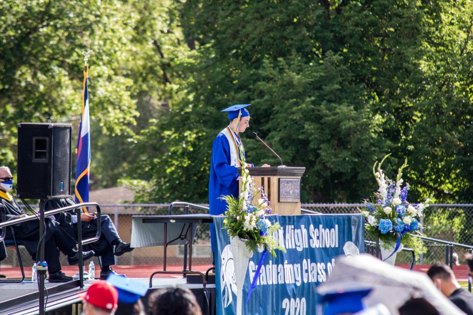 Luka Capaldi speaks during the Longmont High School graduation ceremony on July 25, 2020.
(Photo by Matt Maenpaa)