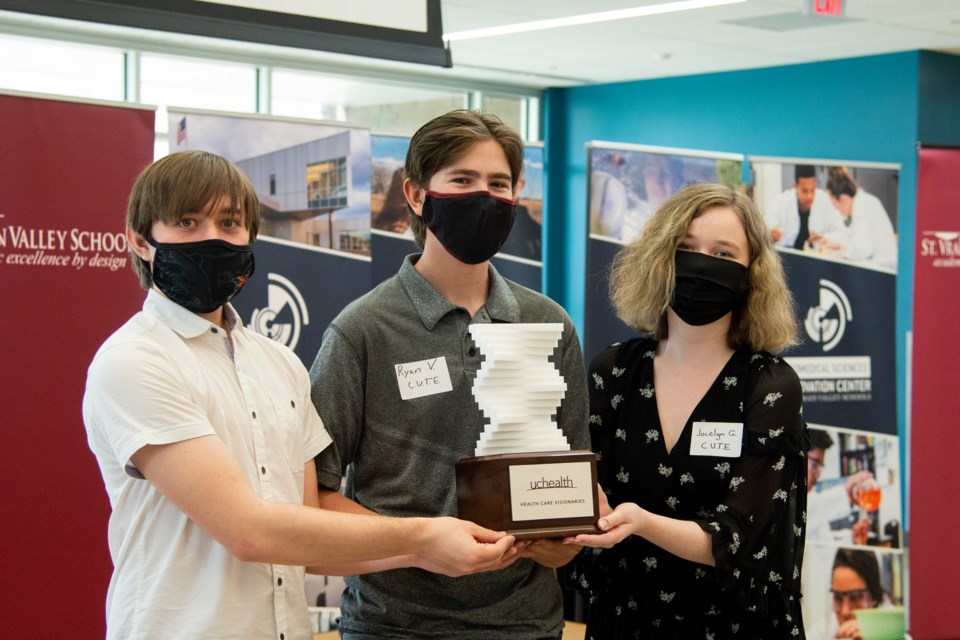 Alex Miller, Erie High School senior, Ryan Velarde, Erie High School junior and Jocelyn Gunn, Niwot High School senior won the top innovator trophy for their challenge design, C.U.T.E. at SVVSD's Innovation Center inaugural Hospital Room of the Future challenge | Courtesy photo