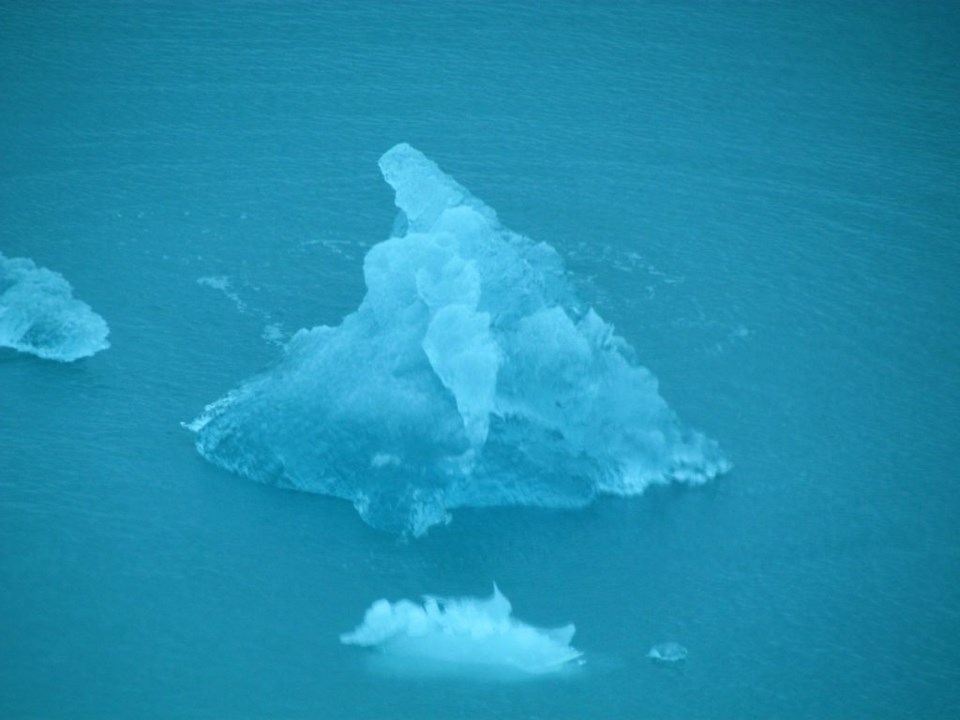 This chunk of ice is large enough to be called a "bergy bit," which is a small iceberg, rising 3-13 feet out of the water. The stern thruster of the Eclipse was able to break it into pieces for safety so that we could continue our journey as close as possible to the glacier. Photo by Teri Beaver.