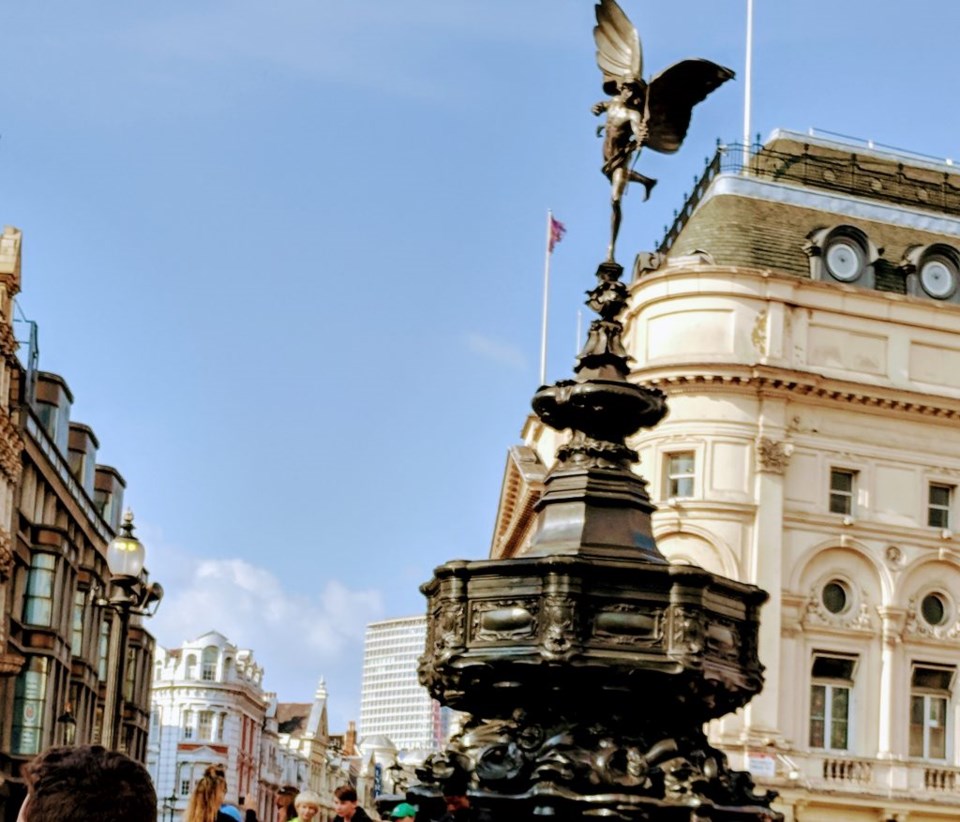 The god of selfless love graces the intersection of five roads known as Piccadilly Circus. Photo by Teri Beaver.