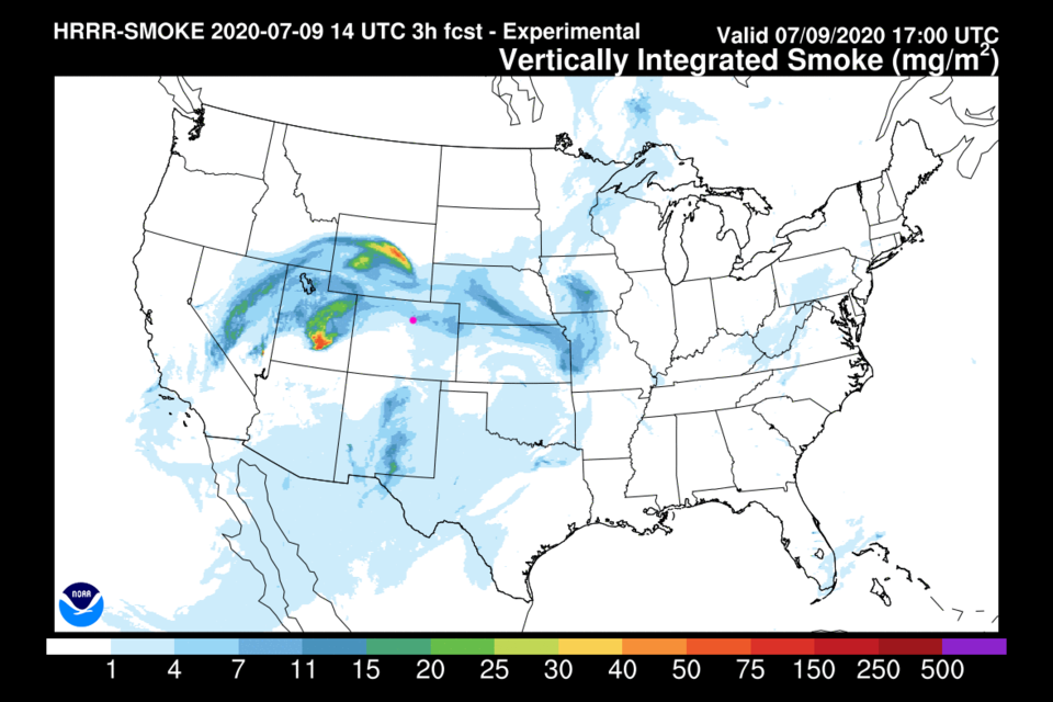 Figure 1: the HRRR smoke forecast for Thursday from NOAA