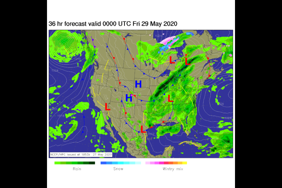 Figure 1: The surface analysis map for the U.S. covering Thursday PM from NOAA/NCEP. 