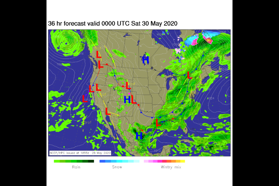 Figure 1: Surface analysis for Friday PM from NCEP and NOAA.