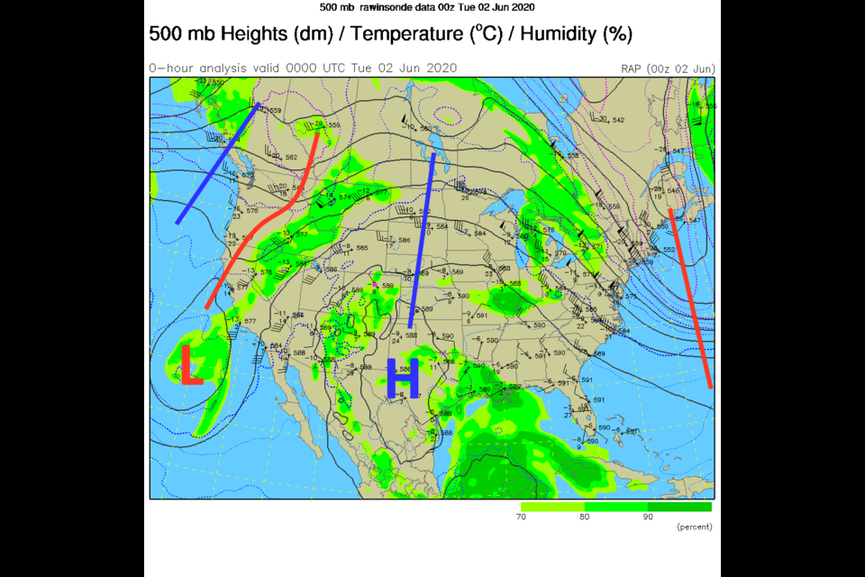 Figure 1: the 500mb current conditions map from Monday PM and NOAA/RAP.