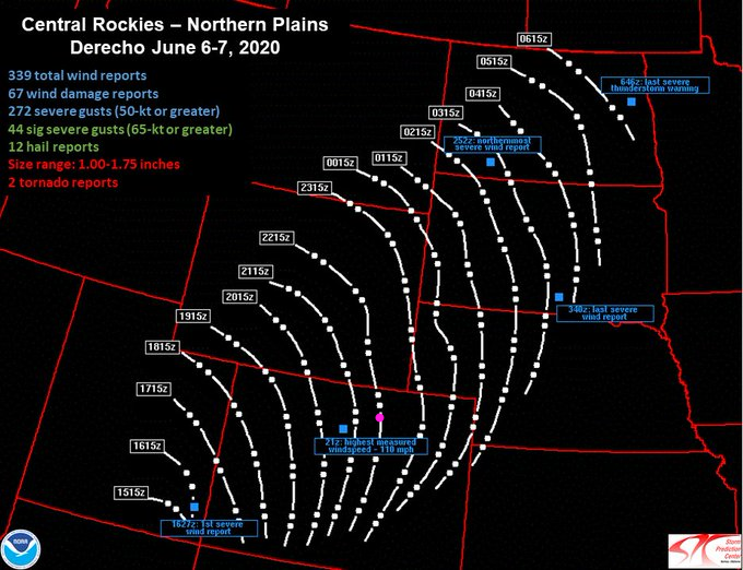 Figure 1: the post-storm analysis of the Derecho that hit the Rockies and Plains Saturday/Sunday from NOAA. 