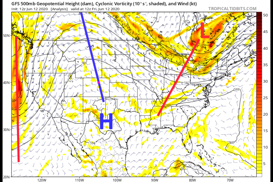 Figure 1: the 500mb forecast map for Friday am by the GFS and tropicaltidbits.com