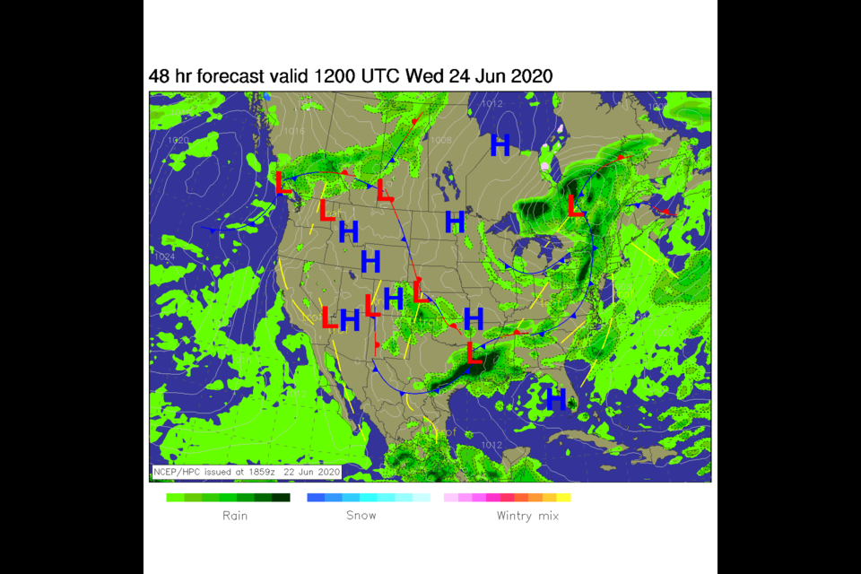 Figure 1: the forecast surface map for Wednesday AM from NCEP.