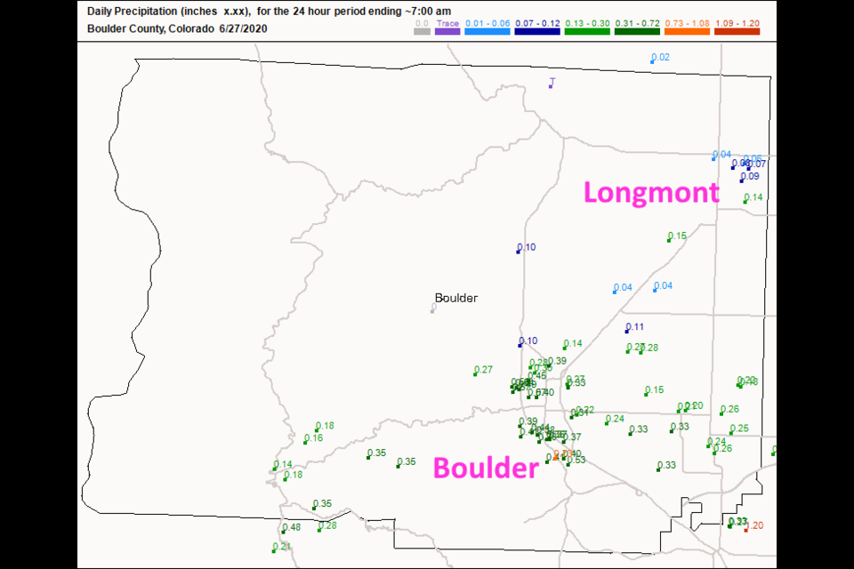 Figure 1: the rainfall totals ending 7am Saturday from CoCoRaHS.