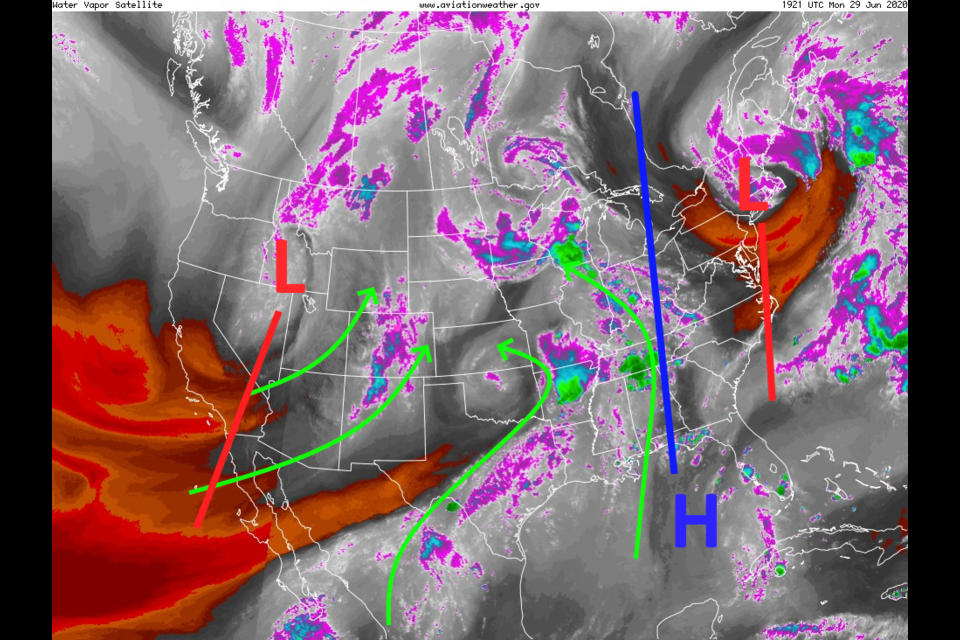 Figure 1: the Monday midday water vapor satellite image - grey and white colors are moisture rich, red and orange are dry atmospheric columns.  The purple are very moist and high ice content clouds from NOAA.