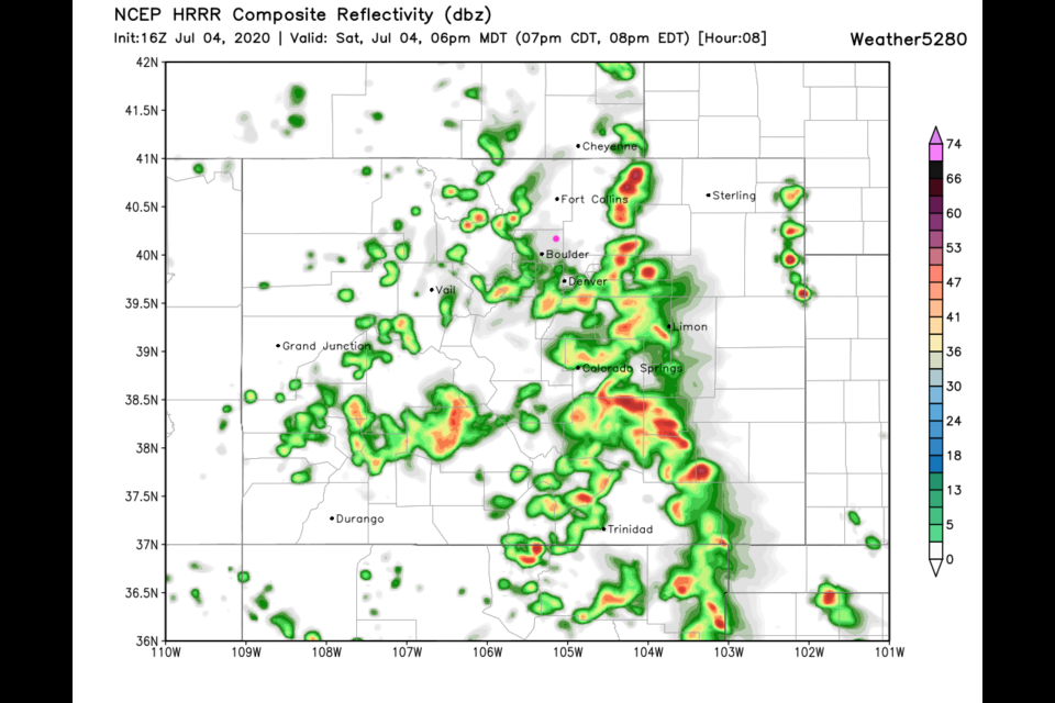 Figure 1: the HRRR simulated radar forecast for Independence Day at 6pm.