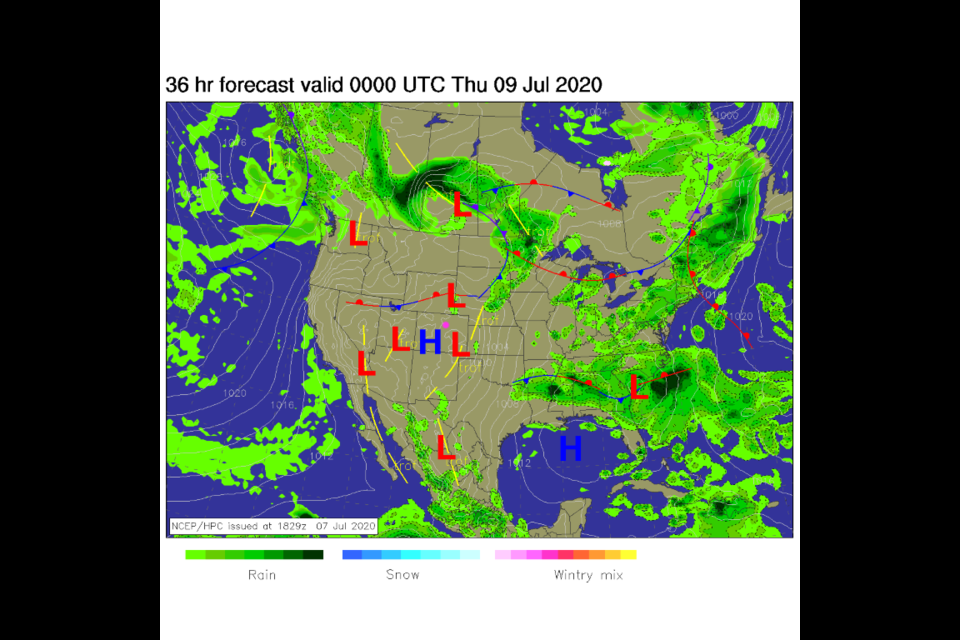 Figure 1: the surface analysis map for Wednesday PM from NCEP. 