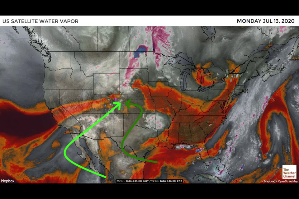 Figure 1: the water vapor satellite image from NOAA Monday - red/orange = dry air, white/grey = moist air